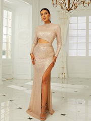Gold Sequin Cut Out Trumpet Mermaid Prom Dress
