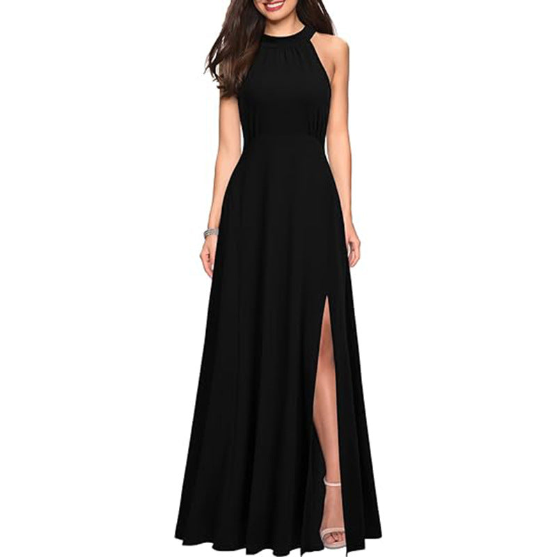 Halter Black Satin A Line Bridesmaid Dress With Slit