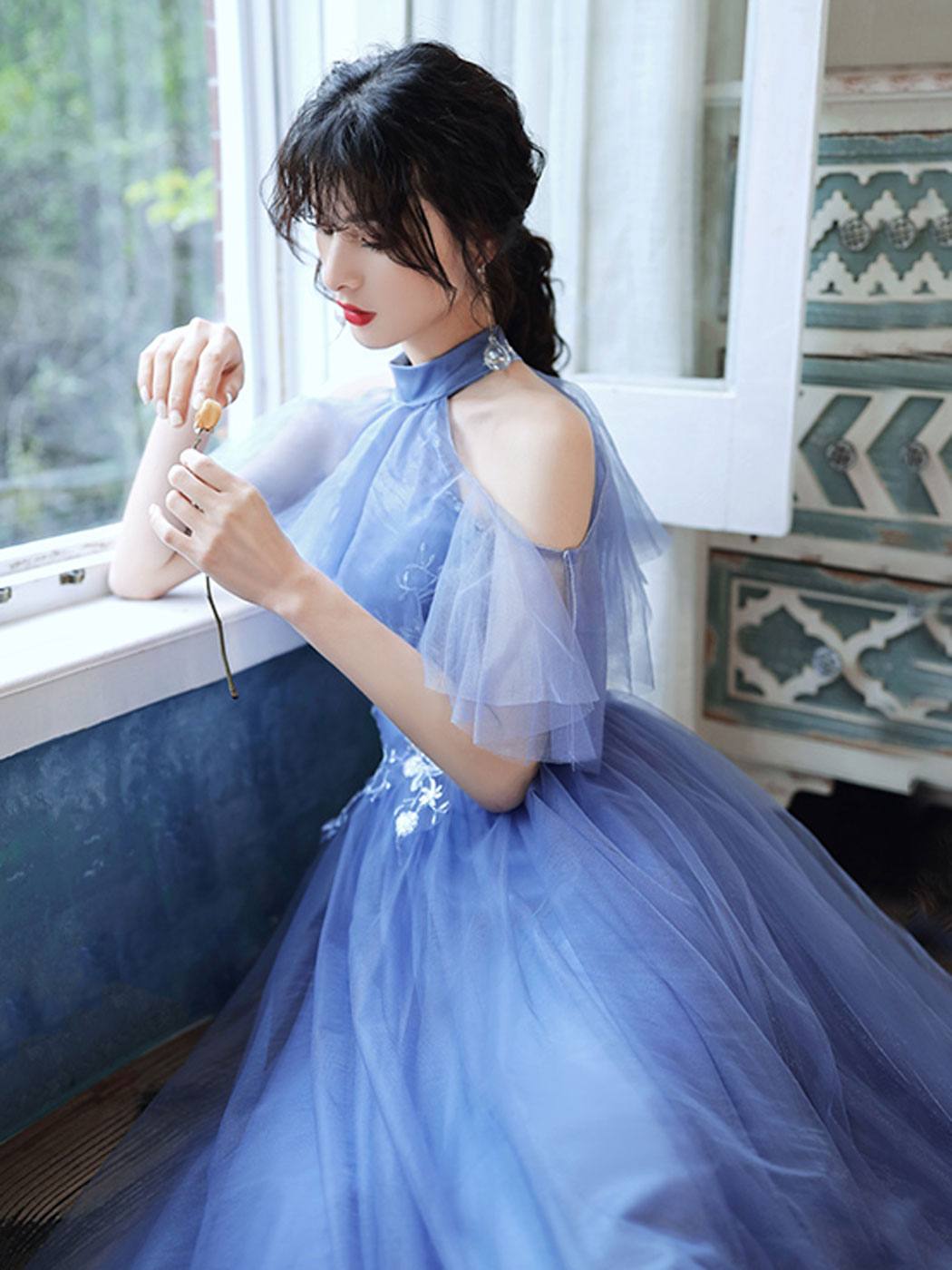 Blue tulle lace short prom dress blue tulle cocktail dress - RongMoon