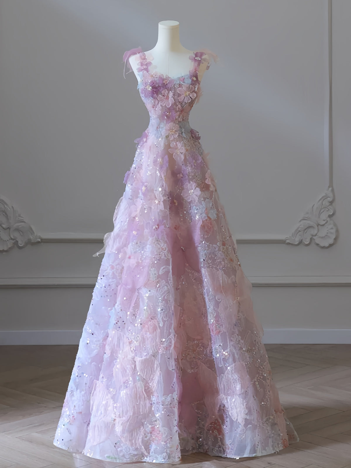 Pink Floral Straps A Line Princess Prom Dress
