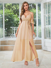 V-neck  Champagne A-Line SplitFront Bridesmaid Dress