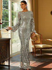Silver Long Sleeve Sequin Trumpet Mermaid Prom Dress