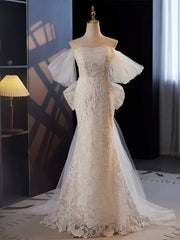 Off The Shoulder Lace Trumpet Mermaid Wedding Dress With Bow