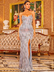 Spaghetti Straps Silver Trumpet Mermaid Prom Dress