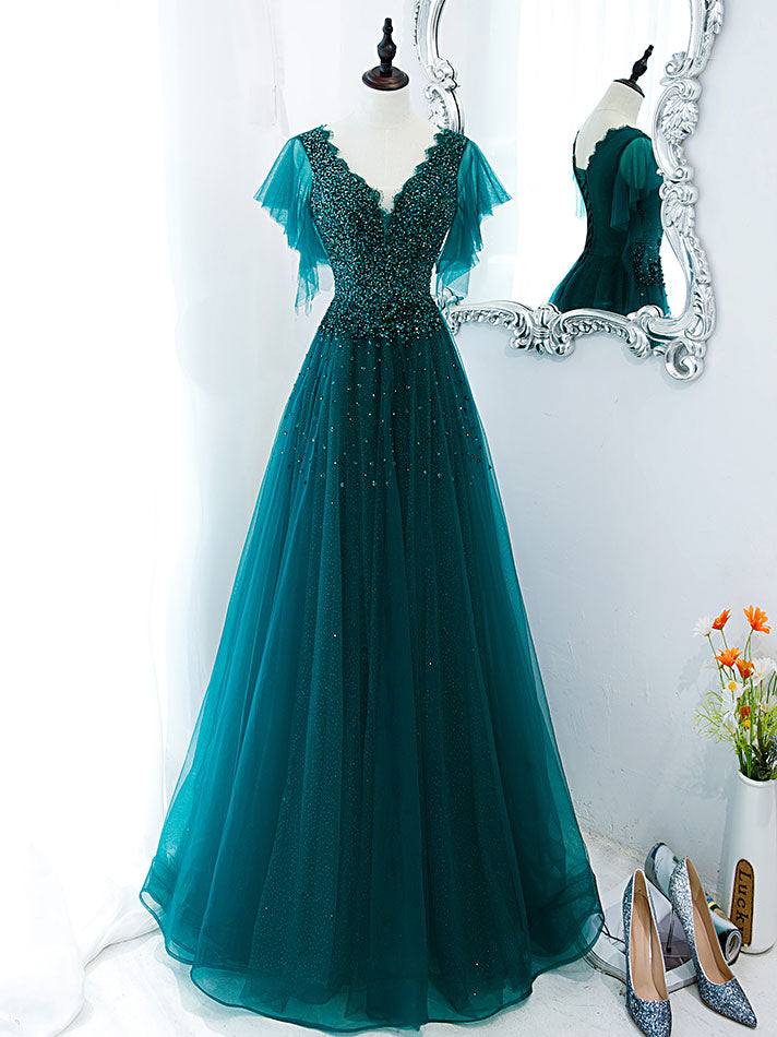 Green v neck tulle beads long prom dress, green tulle formal dress - RongMoon