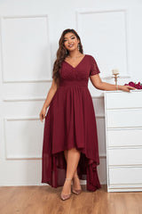Lace Burgundy Chiffon Asymmetrical Bridesmaid Dress