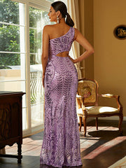 Purple Sequin Cut Out Prom Dress With Slit