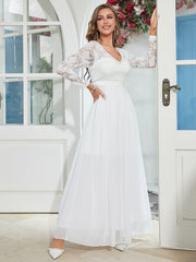 White V-neck Long Sleeves Bridesmaid Dres