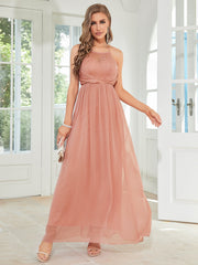 Pink Contrast Lace Tie Back Bridesmaid Dress