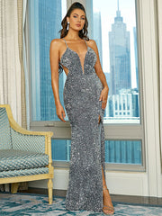 Silver Halter Sequin Cut Out Trumpet Mermaid Prom Dress