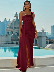 Burgundy One Shoulder Prom Formal Dress With Slit