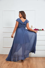 Blue Butterfly Sleeve Wrap Hem Chiffon Bridesmaid Dress