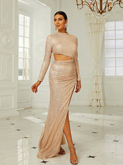 Gold Sequin Cut Out Trumpet Mermaid Prom Dress