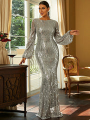 Silver Long Sleeve Sequin Trumpet Mermaid Prom Dress