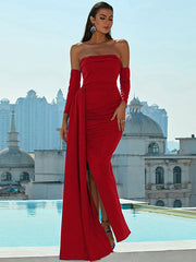 Blue Strapless Sheath Column Spandex Prom Dress