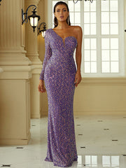 Off The Shoulder Long Sleeve Sequin Prom Dress
