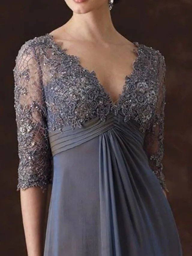 A-Line Mother of the Bride Dress Elegant V Neck Floor Length Chiffon Lace 3/4 Length Sleeve with Embroidery Ruching - RongMoon