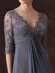 A-Line Mother of the Bride Dress Elegant V Neck Floor Length Chiffon Lace 3/4 Length Sleeve with Embroidery Ruching - RongMoon