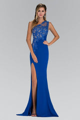 One-shoulder Sheath/Column Lace Applique Split Long Evening Dresses