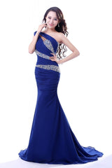 Sheath/Column One-shoulder Beading Pleated Long Chiffon Evening Dresses