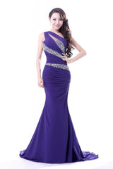 Sheath/Column One-shoulder Beading Pleated Long Chiffon Evening Dresses