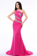 Sheath/Column One-shoulder Beading Pleated Long Chiffon Evening Dresses