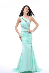 Sheath/Column One-shoulder Beading Pleated Long Chiffon Evening Dresses
