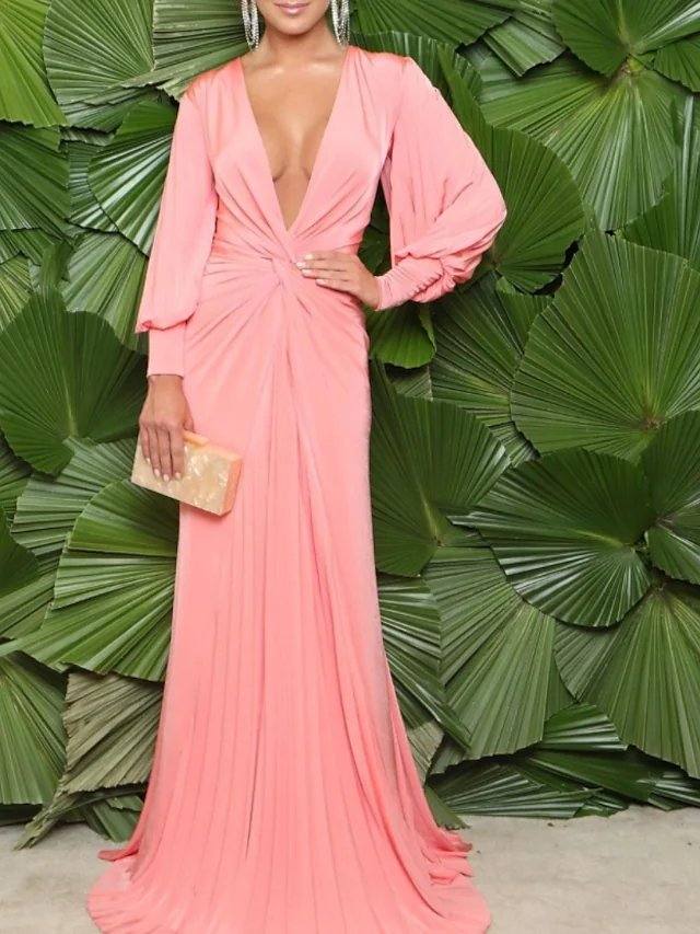 A-Line Minimalist Sexy Engagement Formal Evening Dress V Neck Long Sleeve Sweep / Brush Train Chiffon with Pleats Draping - RongMoon