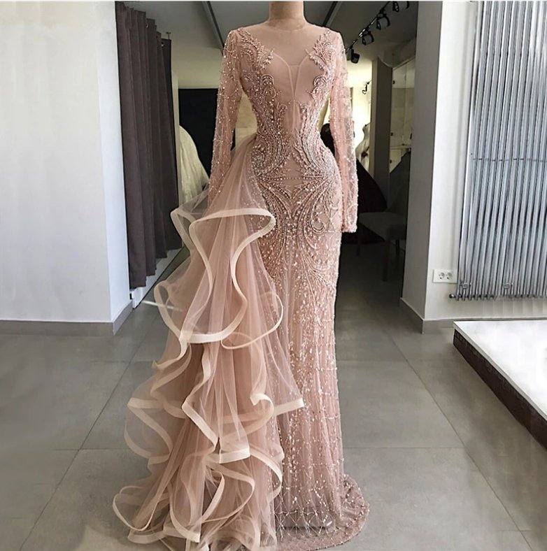Luxurious Muslim Evening Dresses Mermaid Long Sleeves Tulle Beaded Long Islamic Dubai Saudi Arabic Long Formal Evening Gown - RongMoon