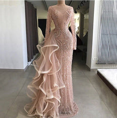 Luxurious Muslim Evening Dresses Mermaid Long Sleeves Tulle Beaded Long Islamic Dubai Saudi Arabic Long Formal Evening Gown - RongMoon