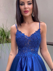 A-Line/Princess Applique Spaghetti Straps Satin Sleeveless Floor-Length Dresses - RongMoon