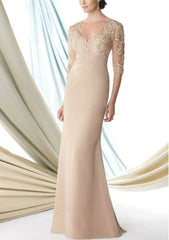 Blue Mother Of The Bride Dresses Mermaid V-neck Half Sleeves Chiffon Appliques Beaded Long Groom Mother Dresses Wedding - RongMoon