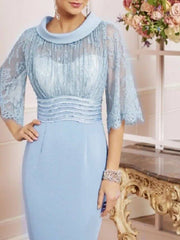 Sheath / Column Mother of the Bride Dress See Through Jewel Neck Knee Length Charmeuse Half Sleeve with Lace Sash / Ribbon - RongMoon