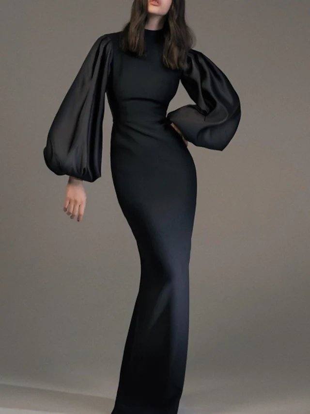 Sheath / Column Minimalist Elegant Wedding Guest Formal Evening Dress High Neck Long Sleeve Floor Length Spandex with Sleek - RongMoon