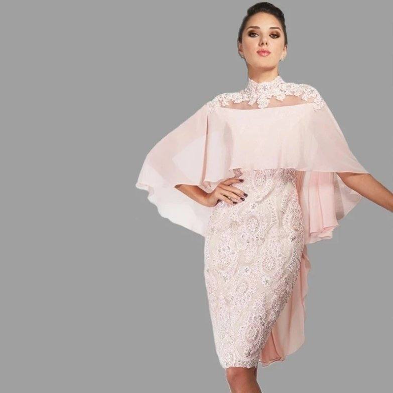 Pink Mother Of The Bride Dresses Sheath Knee Length Chiffon Appliques Beaded Plus Size Short Groom Mother Dresses For Wedding - RongMoon