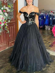 Off The Shoulder Black Cut Glass Tulle Prom Dress
