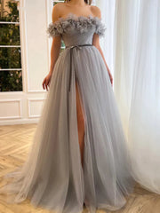 Gray Tulle Flower Off The Shoulder A Line Prom Dress With Slit