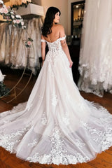 White Lace Off Shoulder Prom Dress with High Slit