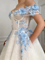 Floral Off The Shoulder White Long Prom Dress