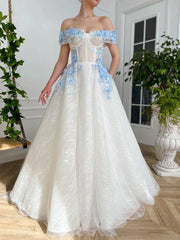 Floral Off The Shoulder White Long Prom Dress