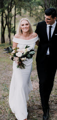 Off Shoulder Simple Design White Satin Open Back Mermaid Wedding Dresses,DB0172