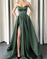Simple Long Satin Slit Dresses With Pockets