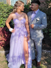 One Shoulder Floral Purple A Line Prom Dress With Slit