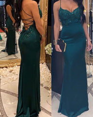 Open Back Satin Mermaid Prom Dresses Lace Appliques