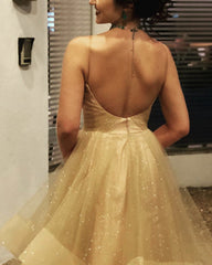 Ball Gown Ruffles Prom Dresses Tulle Sequins V Neck