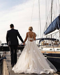 Tulle Backless Wedding Dress Lace Embroidery