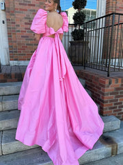 Backless Bowknot Puffy Sleeve Pink Satin Prom Dress