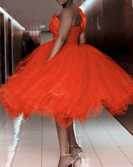 Orange One Shoulder Ball Gown Tea Length