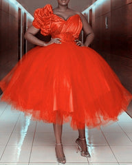 Orange One Shoulder Ball Gown Tea Length