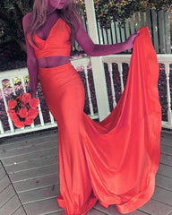 Two Piece Prom Dresses Mermaid Satin Skirt